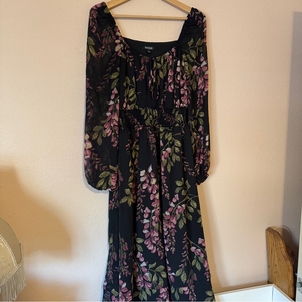 Kensie Pink and Green Floral Long Sleeve Sundress